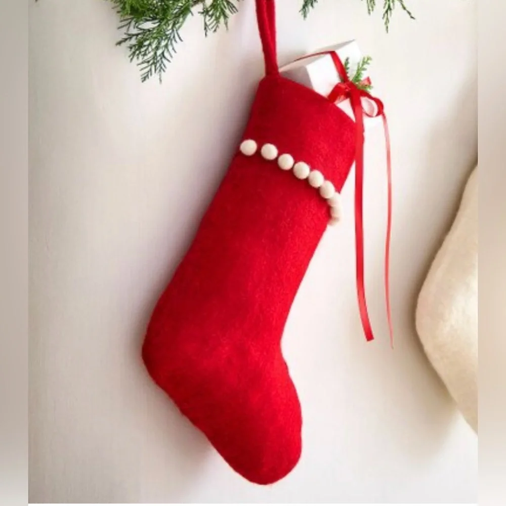 West elm Beaded Felt Stocking, Red with White